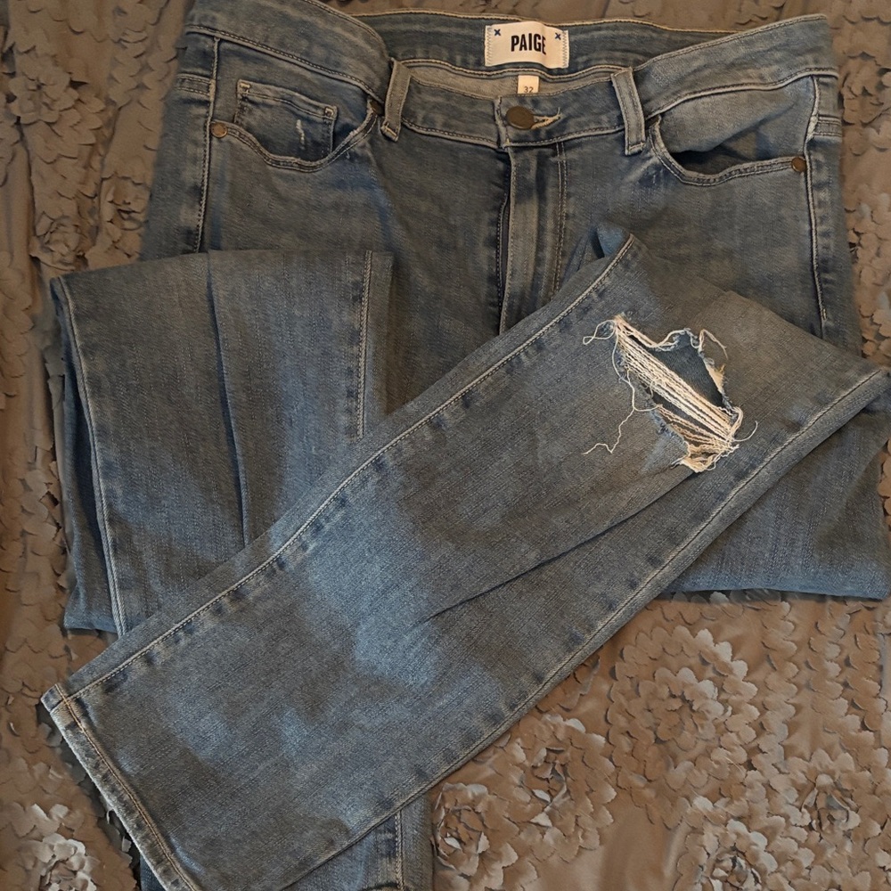 PAIGE Hoxton Slim Distressed Light Blue Straight Leg Jeans size 32